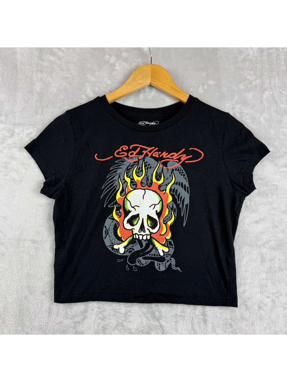 Ed Hardy Black Skull Flame Snake Graphic Crop T-Shirt Tattoo Y2K Goth Womens L